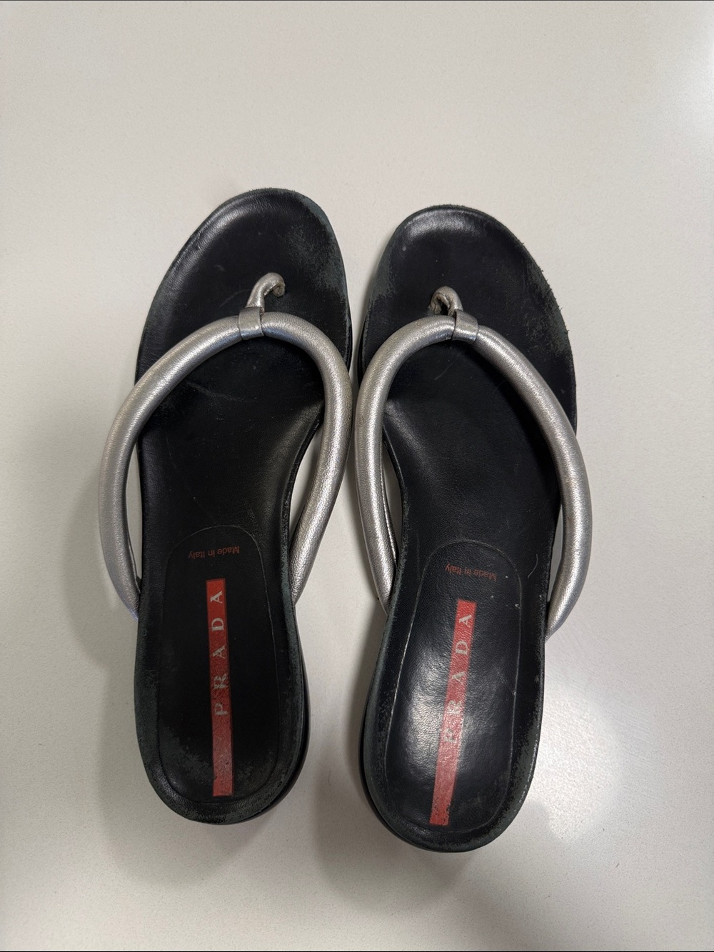 Prada Black Leather Sandals with Metallic Silver Tubular Straps